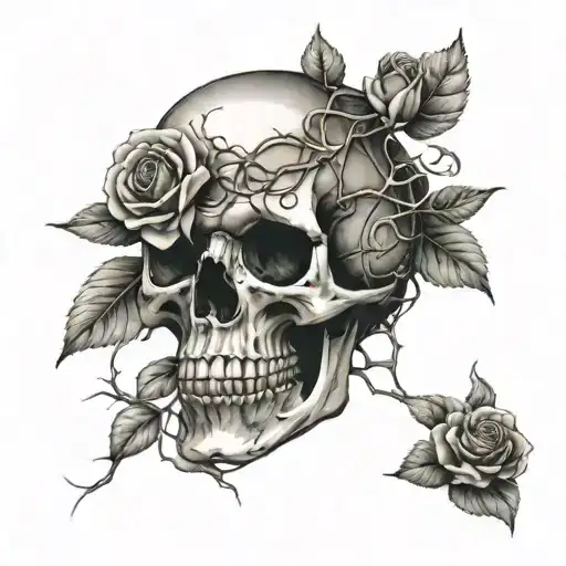 A Skull With A Rose In Its Mouth Intertwined With Vines And Thorns