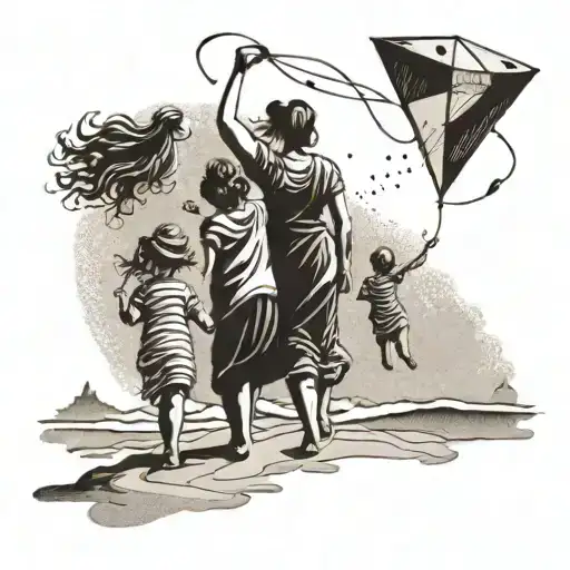 A Peaceful Beach Scene With A Mother And Her Children Flying Kites In The Wind