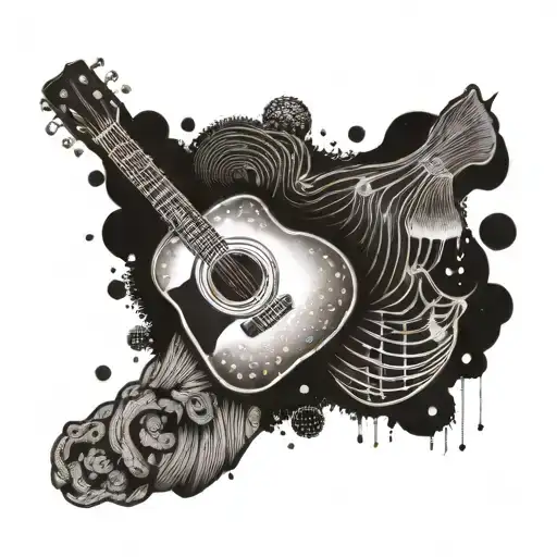 A Dotwork Design Of A Guitar And Paint Palette Merging Together