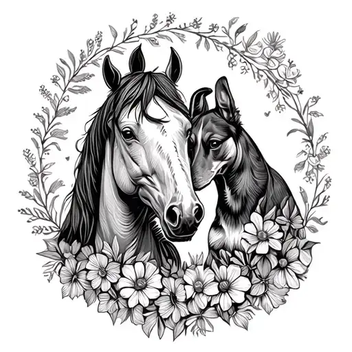 A Dotwork Design Of A Horse And Dog Nuzzling Each Other With Flowers In The Background