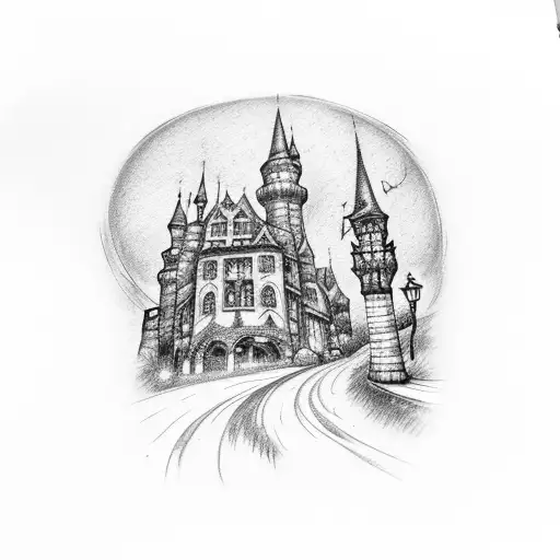 Gothic Castle Behind Cobblestone Street At Night With Lampposts