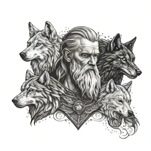 A Detailed Portrait Of Odin With His Wolves And Ravens By His Side