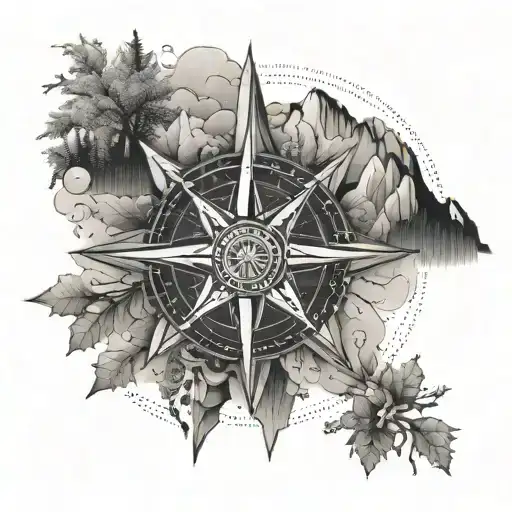 An Intricate Design Of A Compass Rose With Mountain Peaks And Hiking Trails In Dotwork Style