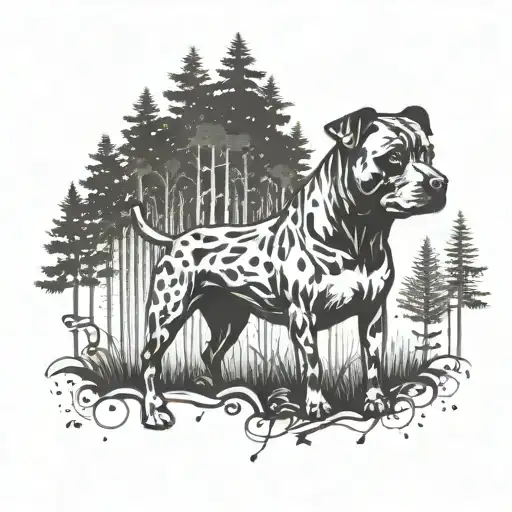 A Pitbull Silhouette Surrounded By A Forest Scene With Musical Instruments Hidden In The Trees