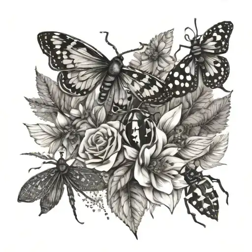 A Detailed Floral Arrangement With Various Bugs Hidden Among The Petals And Leaves