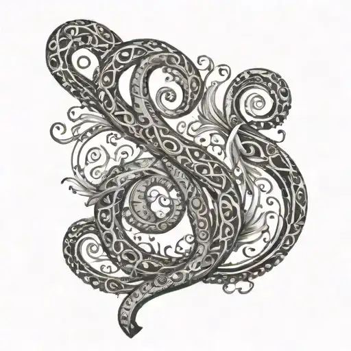 An Intricate Dotwork Tattoo Of A Treble Clef Intertwined With An Anchor