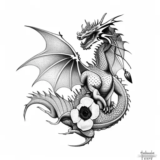 Dragon With Red Poppy Flowers