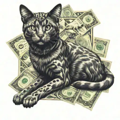A Tattoo Design Of A Cat And A Dog Lounging On A Pile Of Money And Stocks