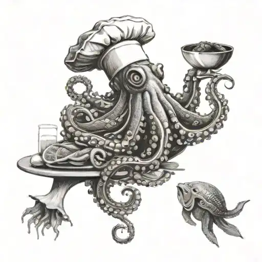 An Octopus Chef Preparing A Feast With Various Ocean Creatures In A Fine Dining Setting