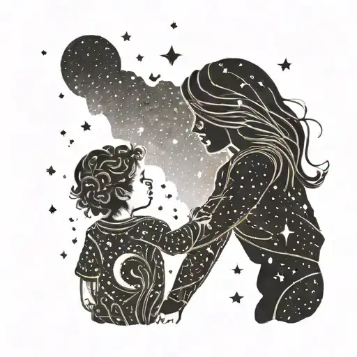 A Mother And Child Holding Hands Under A Starry Sky With Constellations Representing Family Members