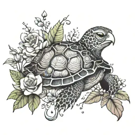 A Beautiful Turtle And Owl Nestled Among A Bed Of Colorful Flowers In A Mystical Forest Setting