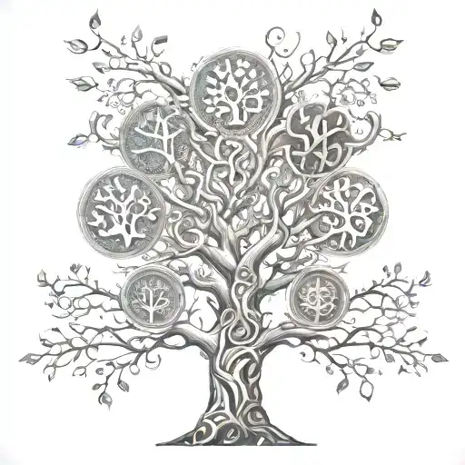 An Intricate Dotwork Design Of A Family Tree Intertwined With Dollar Signs And Coins