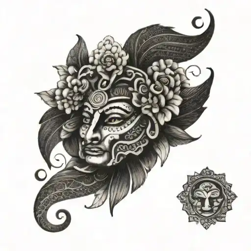 A Dotwork Tattoo Of An Aztec Serpent Deity Intertwined With Vibrant Flowers And Leaves
