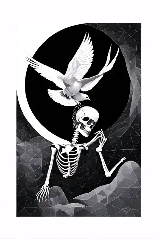 Skeleton Reaching Longingly For A Flying Dove Combined With Geometric Elements
