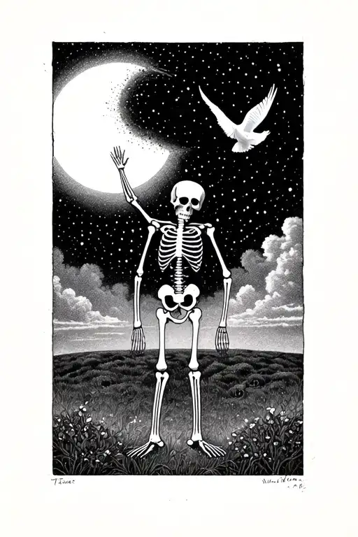 Standing Skeleton Reaching Longingly For A Flying Dove In Front Of A Sun