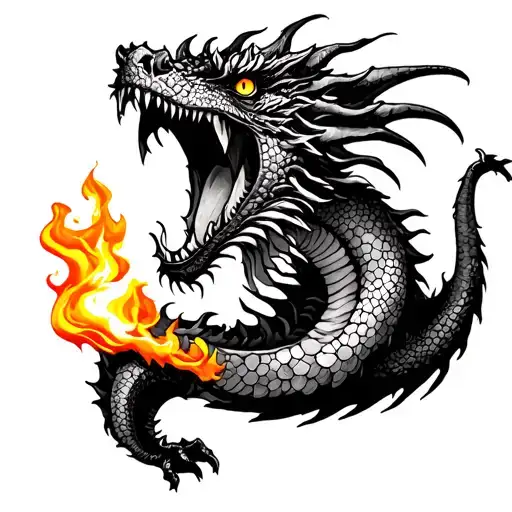A Dragon With Fire Coming Out Of His Mouth Open And Tongue