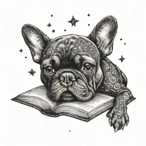 A French Bulldog Reading A Book Under A Starry Night Sky