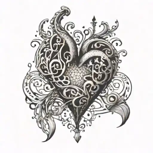 A Dotwork Tattoo Of A Gothic Heart With Music Notes Intertwined
