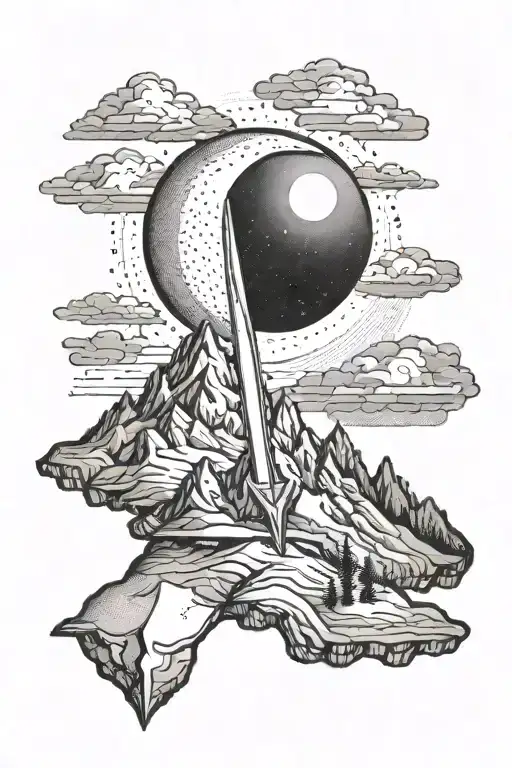 A Crescent Moon Rising Over A Mountain Peak With A Sword Piercing Through It