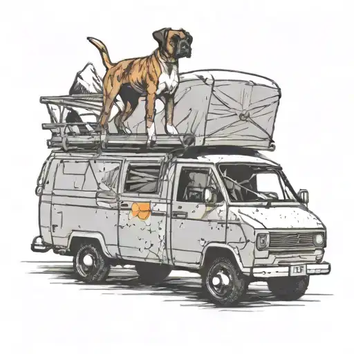 A Boxer Dog Doing Agility Tricks On Top Of A Vw Camper Van Parked In The Mountains