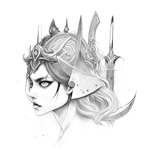 Fierce Warrior Goddess With A Sword And Shield And Flowy Hair