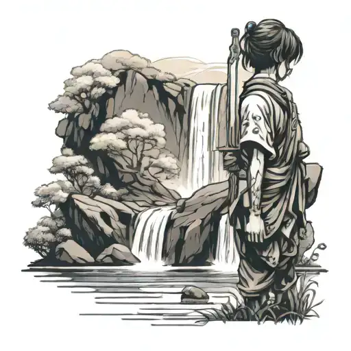 A Serene Waterfall Scene With A Hidden Anime Character Holding A Sword