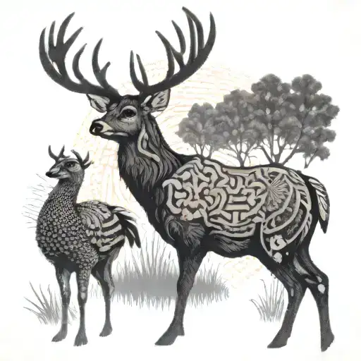 A Stylized Illustration Of A Hunting Scene With A Deer And Turkey In A Dotwork Style