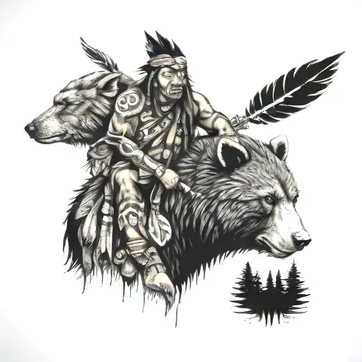 A Native American Warrior Hunting A Black Bear