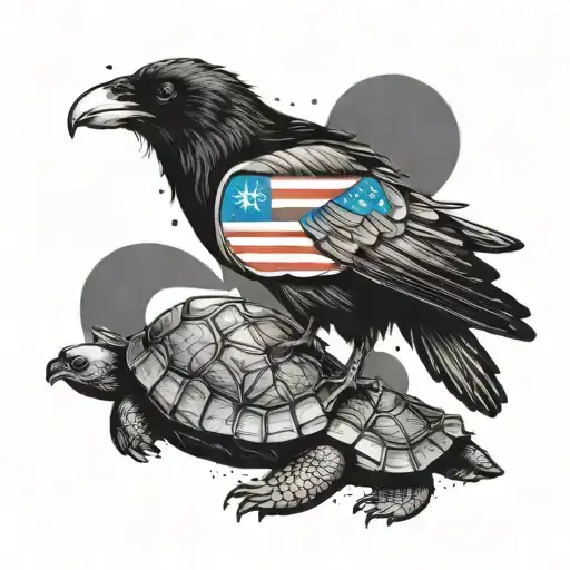 Create A Tattoo Featuring A Raven Holding A Puerto Rican Flag In Its Beak While Perched On A Turtle