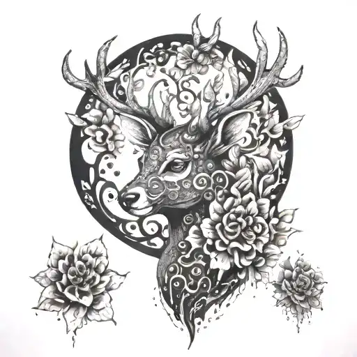 A Dotwork Tattoo Of A Steampunk Deer Surrounded By Intricate Flowers