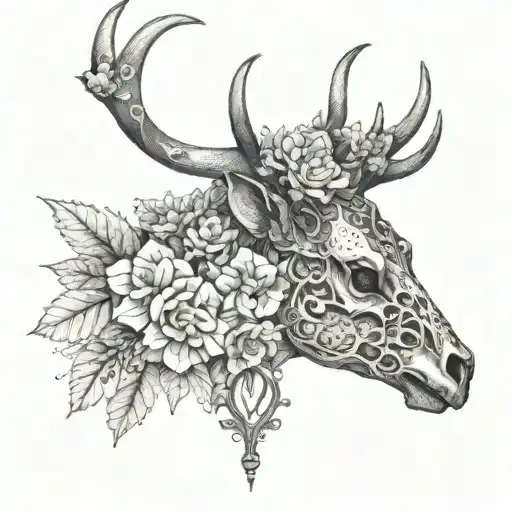 A Dotwork Tattoo Of A Steampunk Deer Skull Surrounded By Intricate Flowers