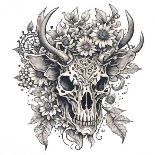 A Dotwork Tattoo Of A Steampunk Deer Skull Surrounded By Intricate Daisies