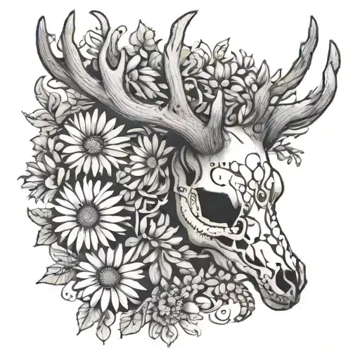 A Dotwork Tattoo Of A Feminine Deer Skull Surrounded By Intricate Daisies