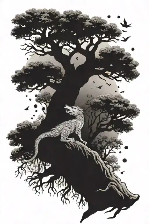 Ygg Drasil Tree With Fenrir And A Lizard Flying