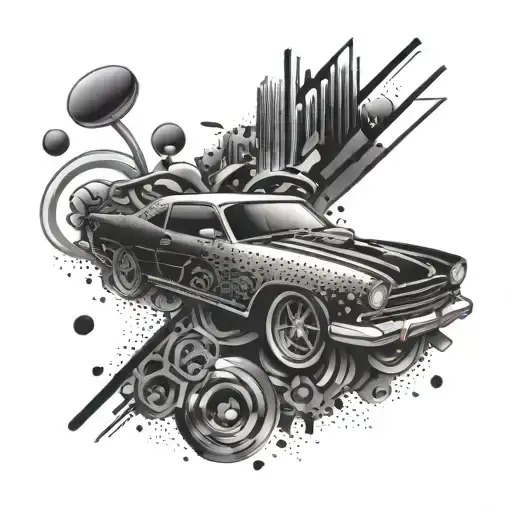 A Tattoo Incorporating Music Symbols And Car Parts In A Creative And Abstract Way