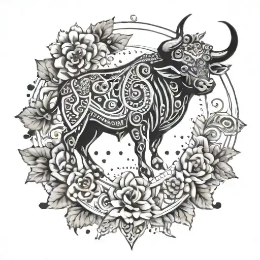 An Intricate Mandala Design Featuring Taurus Symbols And Floral Elements