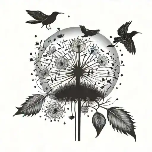 A Dandelion Transforming Into A Flock Of Birds Under The Light Of The Moon