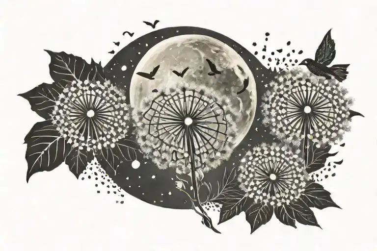 A Dandelion Transforming Into A Flock Of Birds Under The Light Of The Moon