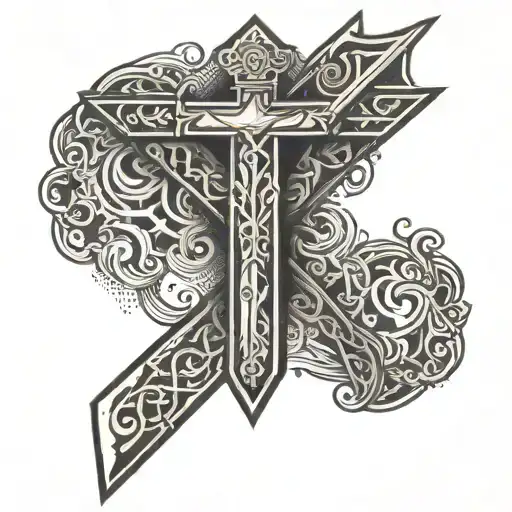 A Minimalist And Abstract Interpretation Of A Cross Intertwined With A Sword And Shield
