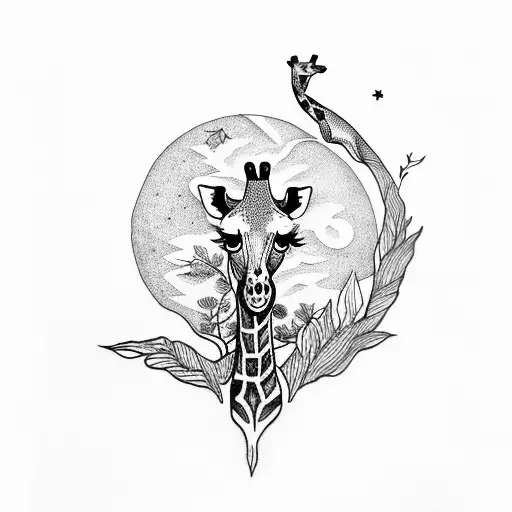 Giraffe With Moon And Leaves