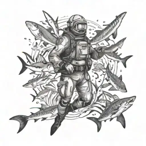 A Dotwork Tattoo Of A Diver Surrounded By A Variety Of Sharks In A Deep Ocean Scene