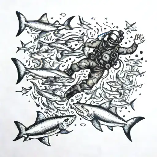 A Dotwork Tattoo Of A Diver Surrounded By A Variety Of Sharks In A Deep Ocean Scene