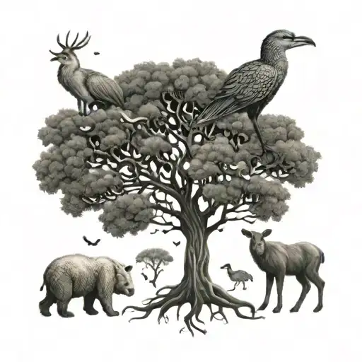 An Intricate Design Of A Tree Made Up Of Various Wildlife Scenes