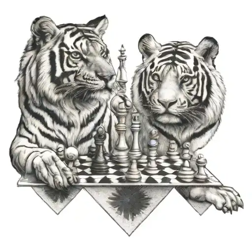 A Dog And A Tiger Playing Chess