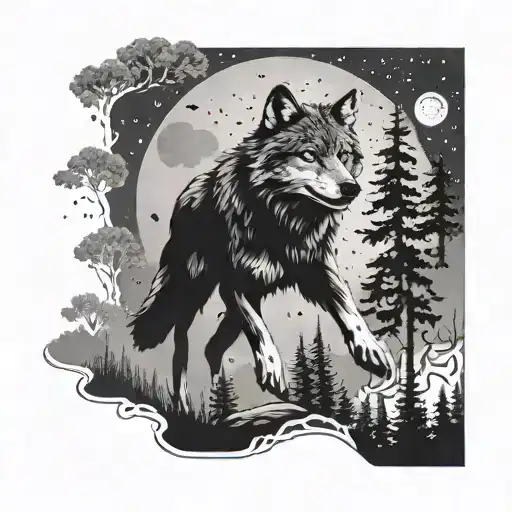 A Dreamy Landscape Of A Wolf Running Through A Moonlit Forest