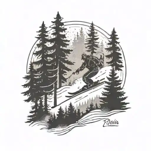 A Skier Carving Through A Forest Of Pine Trees With A Subtle Heartbeat Line In The Background