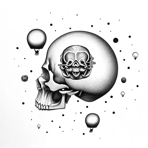 Open Wooden Skull With Rising Brain Attached To Balloons Shaped Like Planets