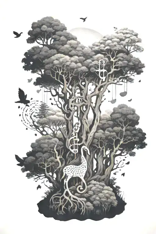 A Mystical Forest Scene With Hidden Musical Notes Among The Trees