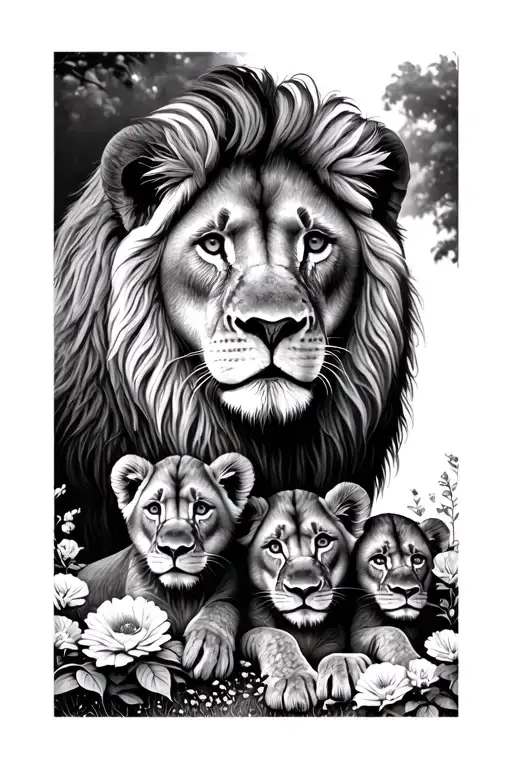 Lion With 3 Lion Cubs Flowers