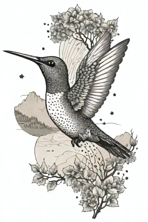 The Outline Of A Hummingbird With A Mountain Silhouette In The Background And Trees And A Lake